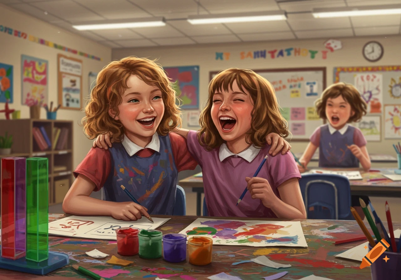 Two young girls laugh and hug while painting in a messy classroom, with another girl painting in the background.