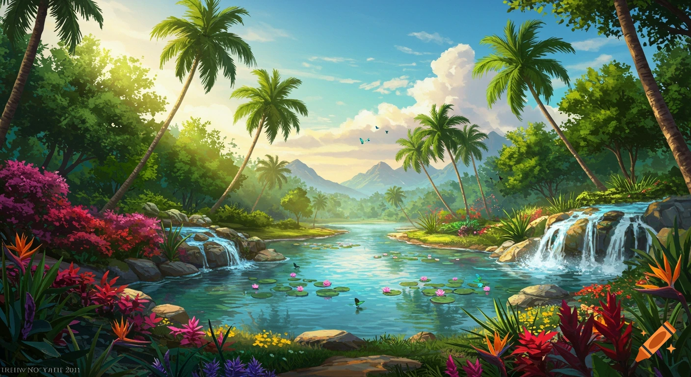 Vibrant illustration of a lush tropical paradise with palm trees, waterfalls flowing into a clear river with lily pads, colorful flowers, and distant mountains under a blue sky.