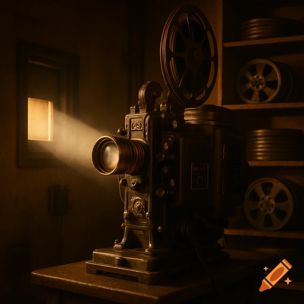 A vintage film projector casts a beam of light onto a square screen in a dimly lit projection booth, with film reels on shelves.