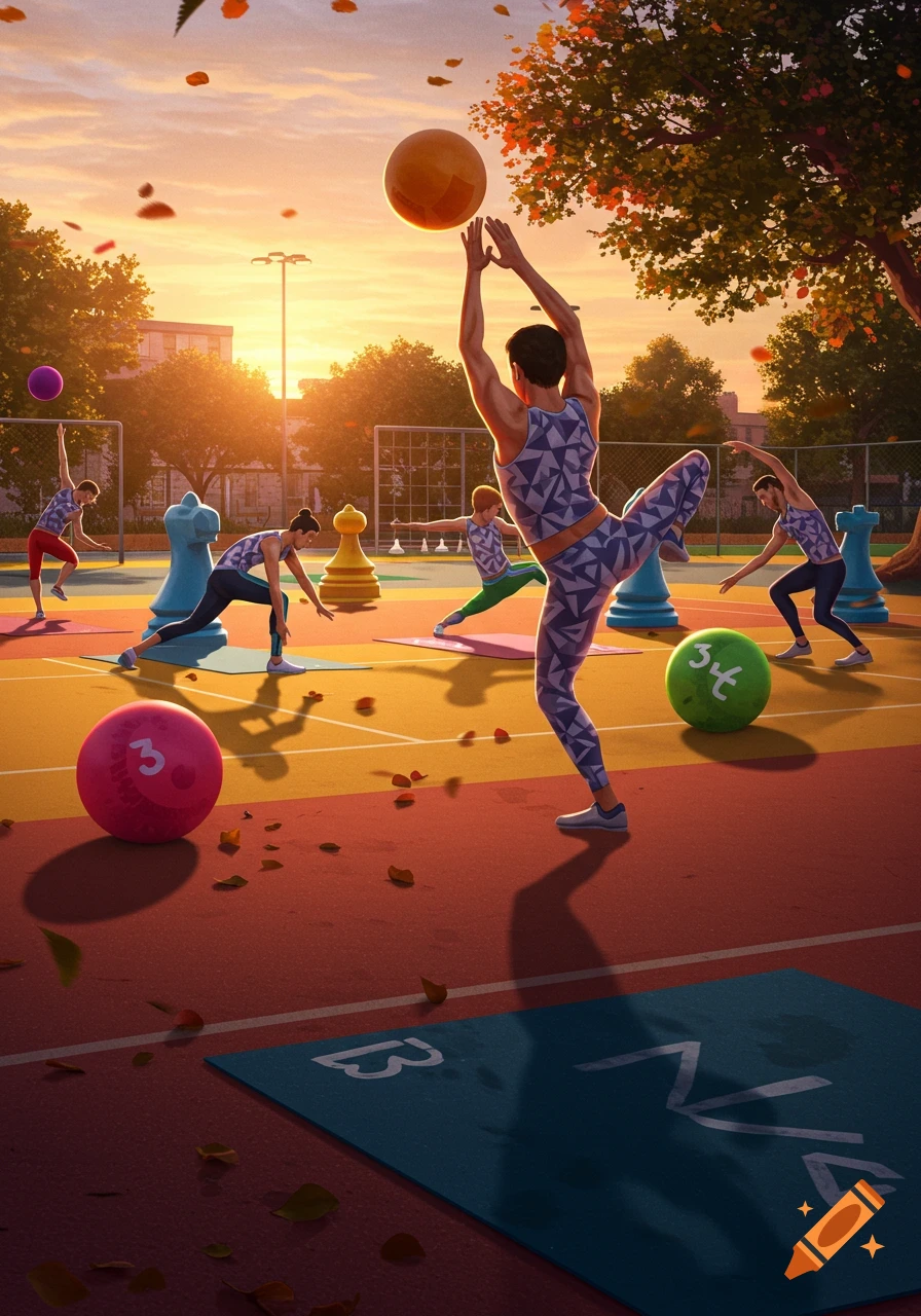 Vibrant illustration of people playing a creative PE game combining yoga, dodgeball, and chess on an outdoor court at sunset.