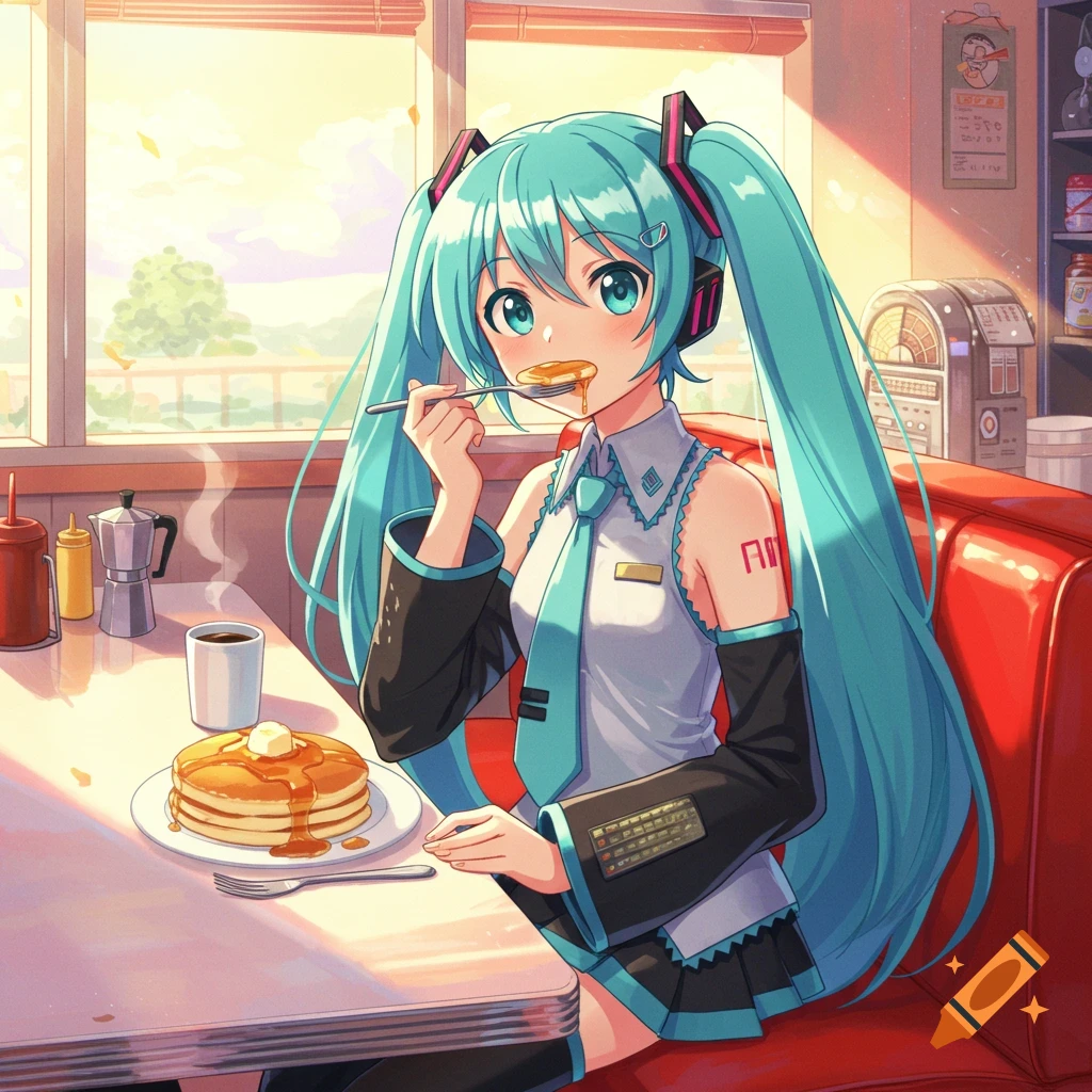 Hatsune Miku with long teal pigtails eats pancakes and sips coffee in a sunlit diner, in an anime art style.