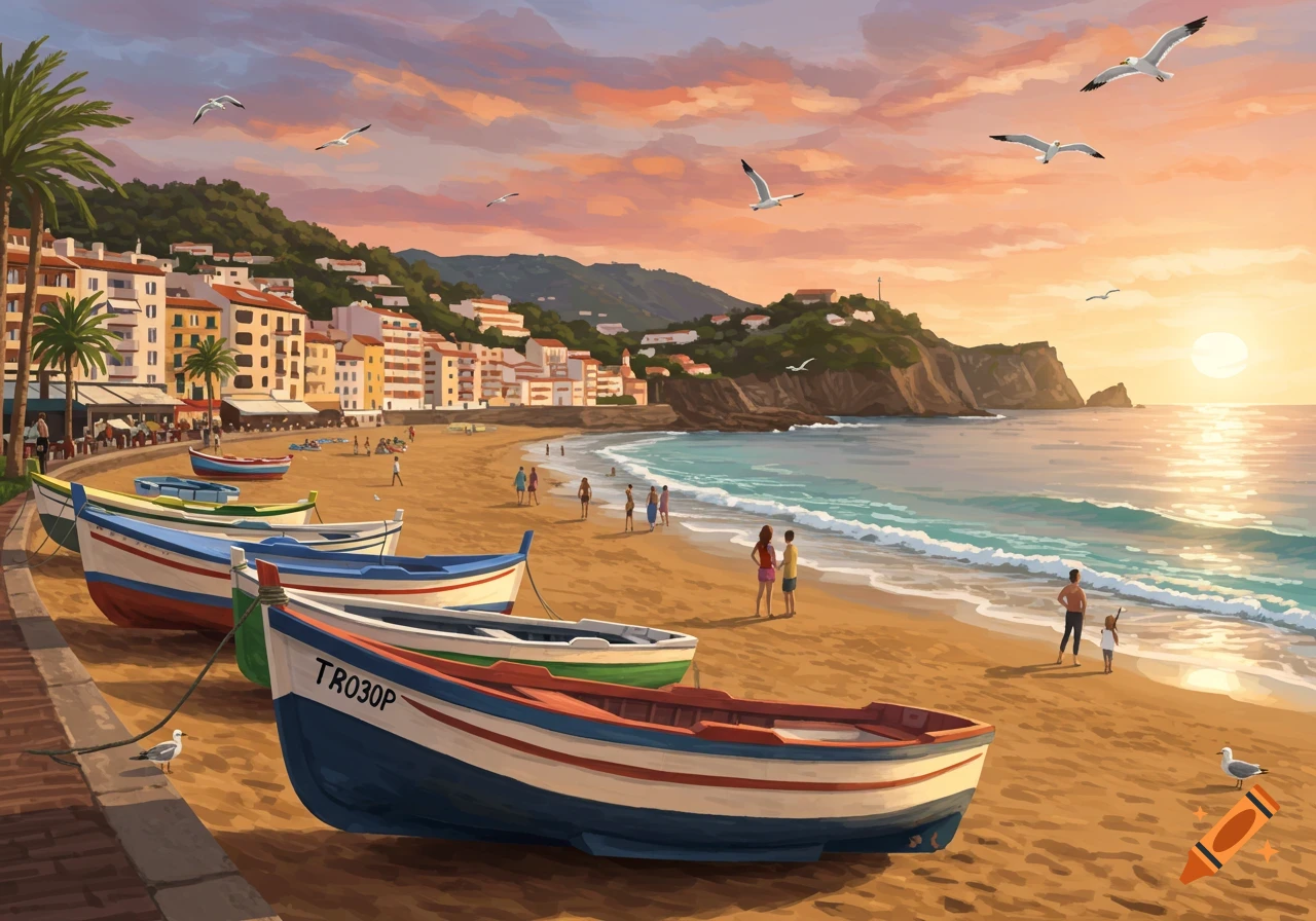 A colorful painting of a bustling beach at sunset with fishing boats on the sand, a town built into a hillside, and people enjoying the shore.