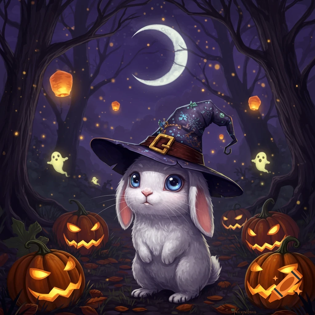 A cute white rabbit in a witch hat stands among glowing jack-o'-lanterns, ghosts, and lanterns in a dark Halloween forest under a crescent moon.