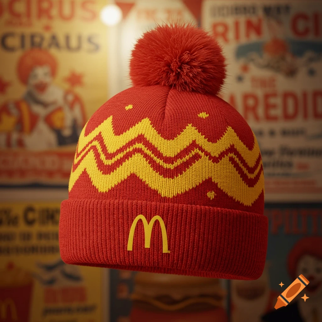 A vibrant red knitted beanie with a yellow McDonald's 'M' logo and zigzag patterns, topped with a red pom-pom, against a blurred background of vintage McDonald's posters.