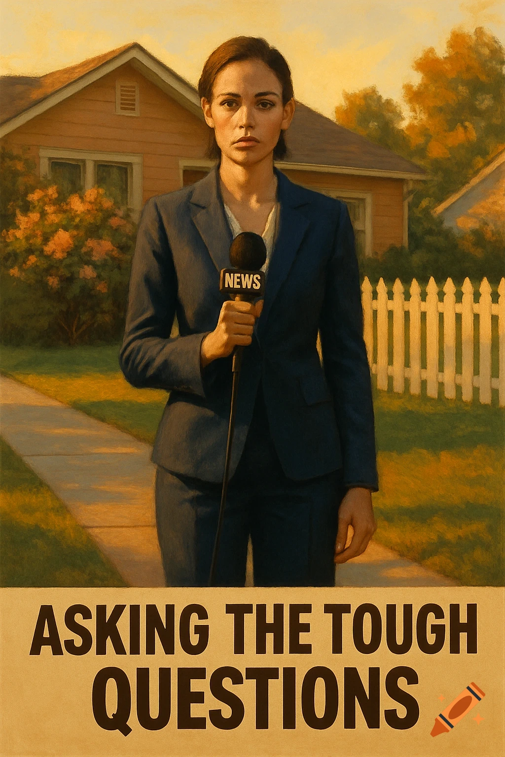 Illustrated portrait of a female news reporter with a 'NEWS' mic on a driveway. House in background. Text: Asking The Tough Questions.