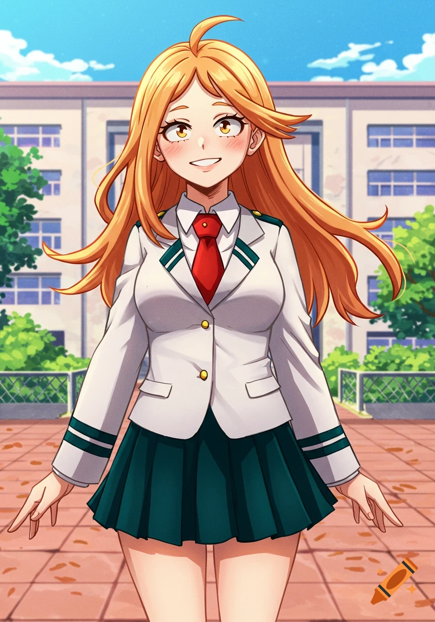 An anime girl with long orange hair and a blushy face, wearing a white UA school uniform and red tie, standing in front of a school building.