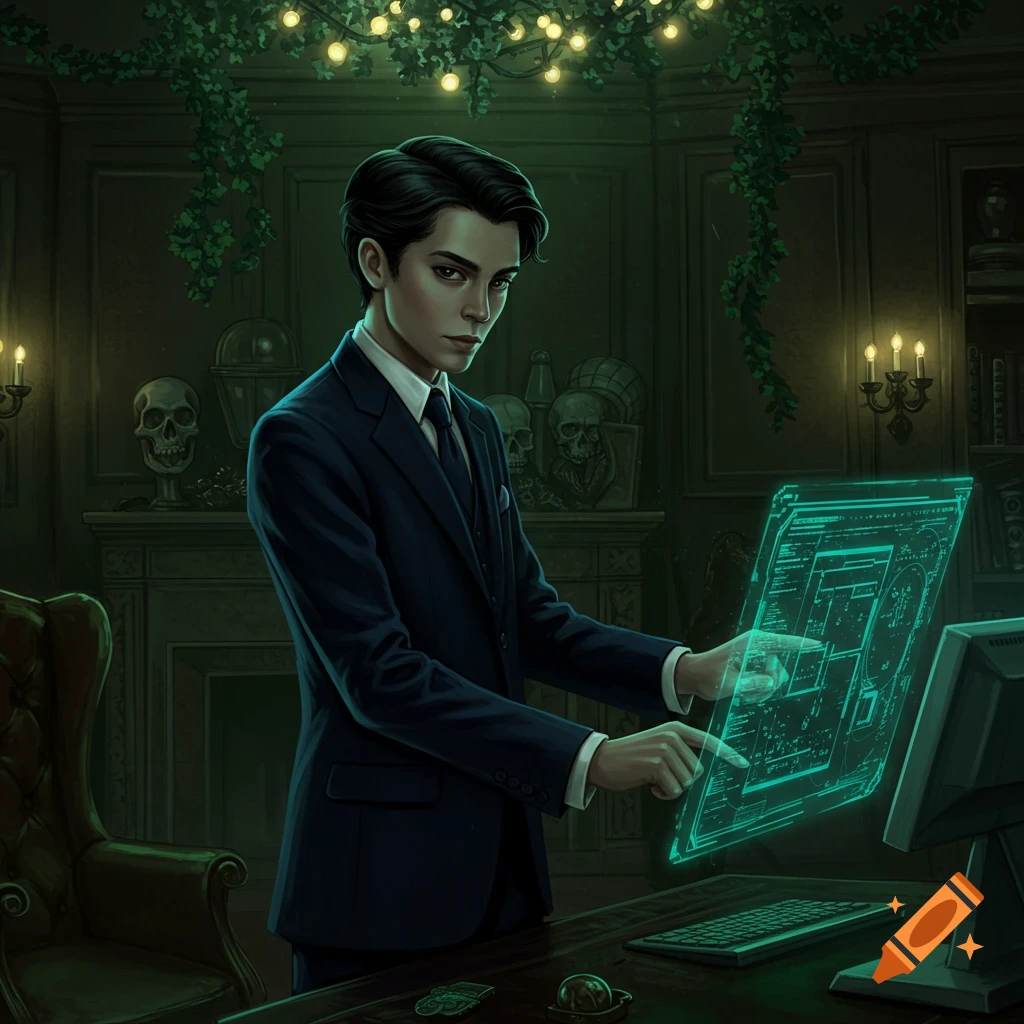 A dark-haired young man in a suit interacts with a glowing holographic screen in a gothic study adorned with skulls and ivy.