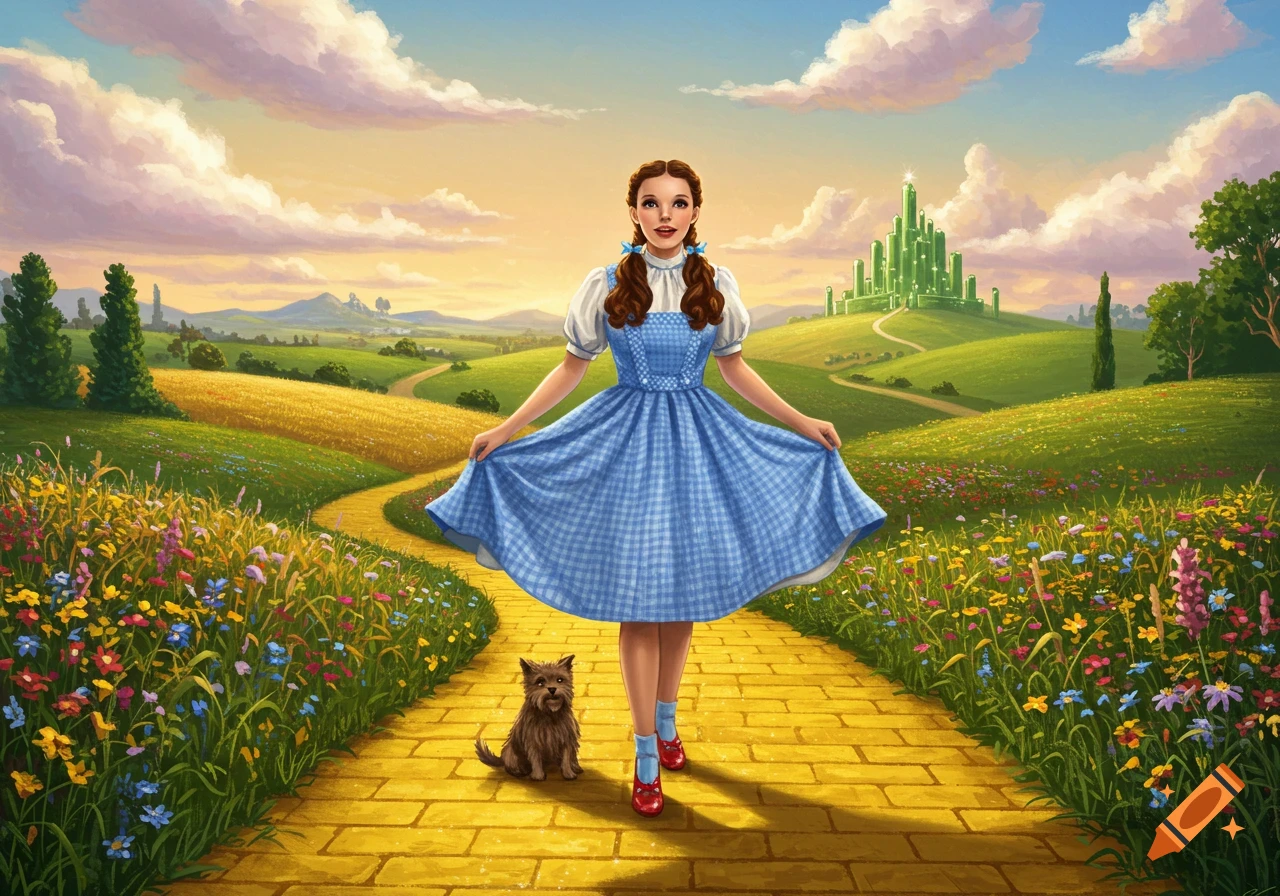 Dorothy in her blue gingham dress and Toto on the yellow brick road, with the Emerald City in the distance, vibrant illustration.