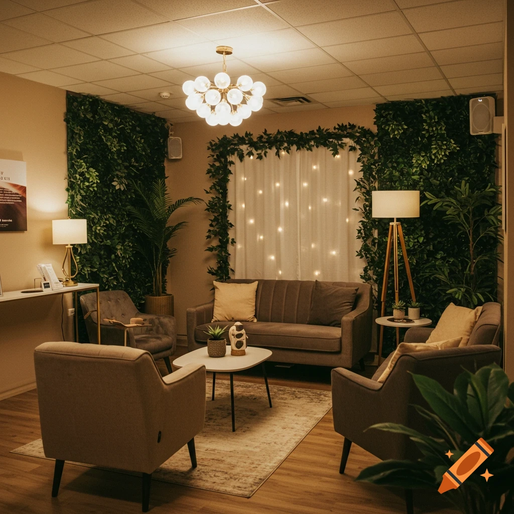A cozy lounge area with several chairs, a sofa, coffee table, plants, and a spherical chandelier, lit by warm lights.