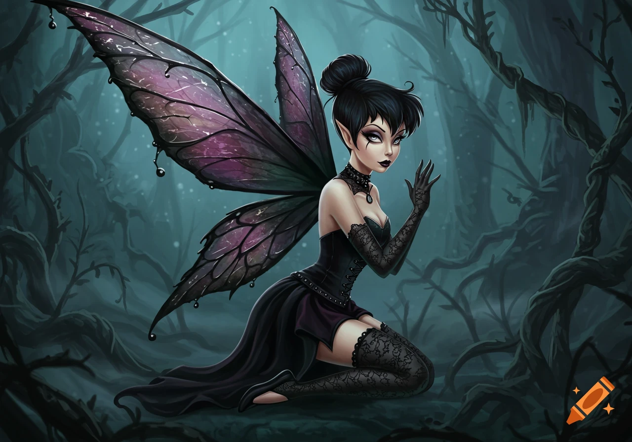 A gothic fairy with dark hair, purple wings, and a black lace outfit kneels in a misty, dark forest.