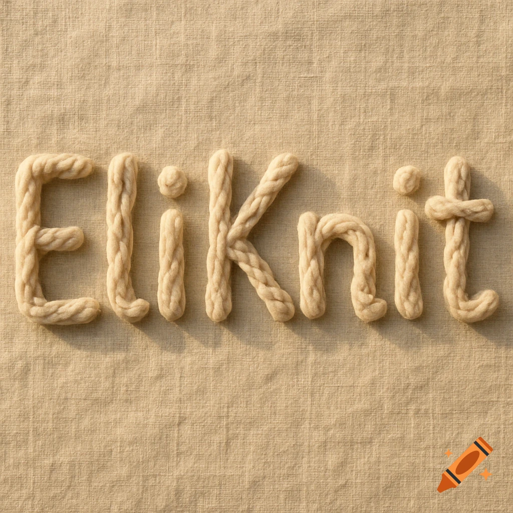 The word "EliKnit" made of soft beige wool yarn on a linen fabric background, in a handmade style with cozy natural lighting.