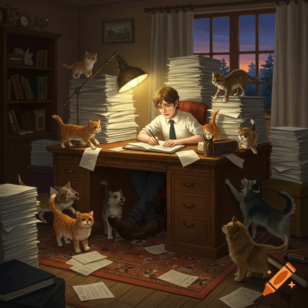 A man overwhelmed by towering stacks of paperwork, writing at his desk while surrounded by numerous cats and dogs in a cozy study.