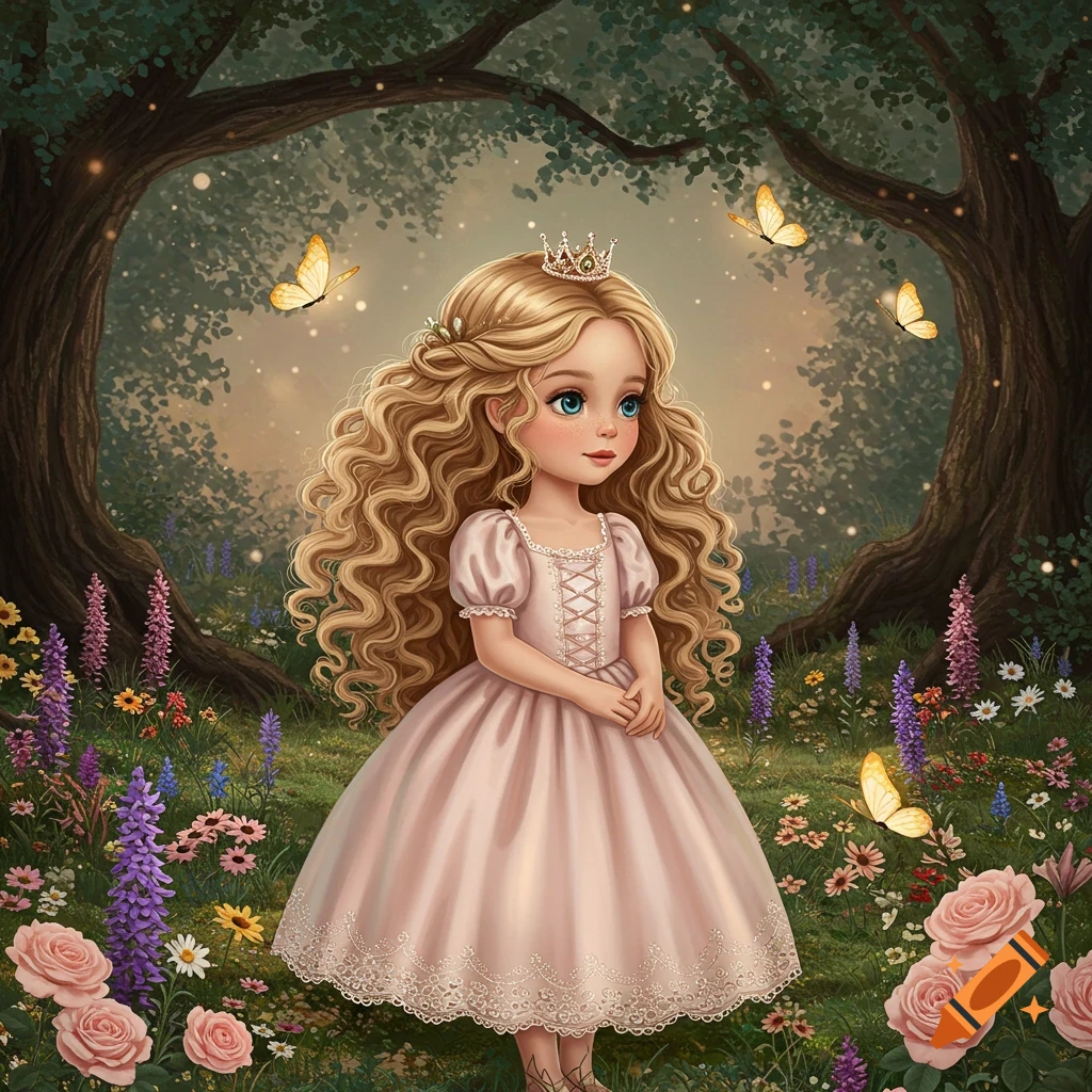 A cute, cartoonish princess with long blonde curly hair and a crown, wearing a pink dress, stands in a magical forest filled with colorful flowers and butterflies, in an illustrative style.