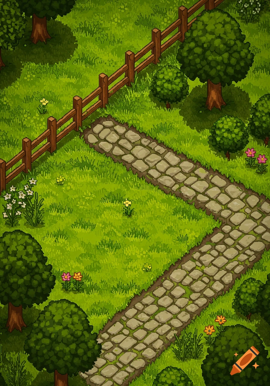 Top-down pixel art view of a lush green landscape with a winding stone path, a wooden fence, various trees, bushes, and colorful flowers.