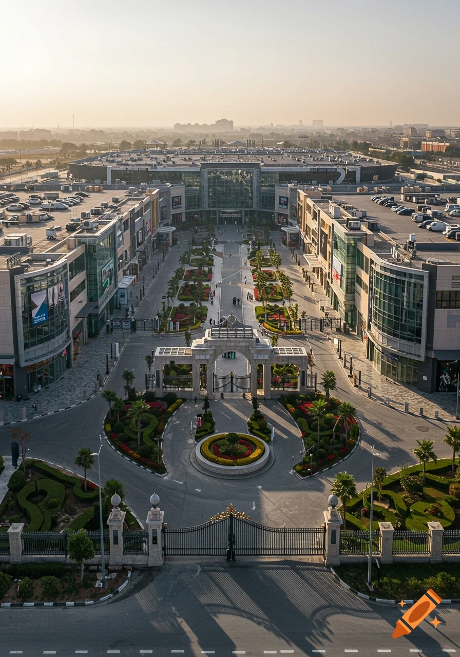 Aerial view of a modern shopping mall complex with landscaped pathways, car parks, an ornate entrance gate, and buildings.