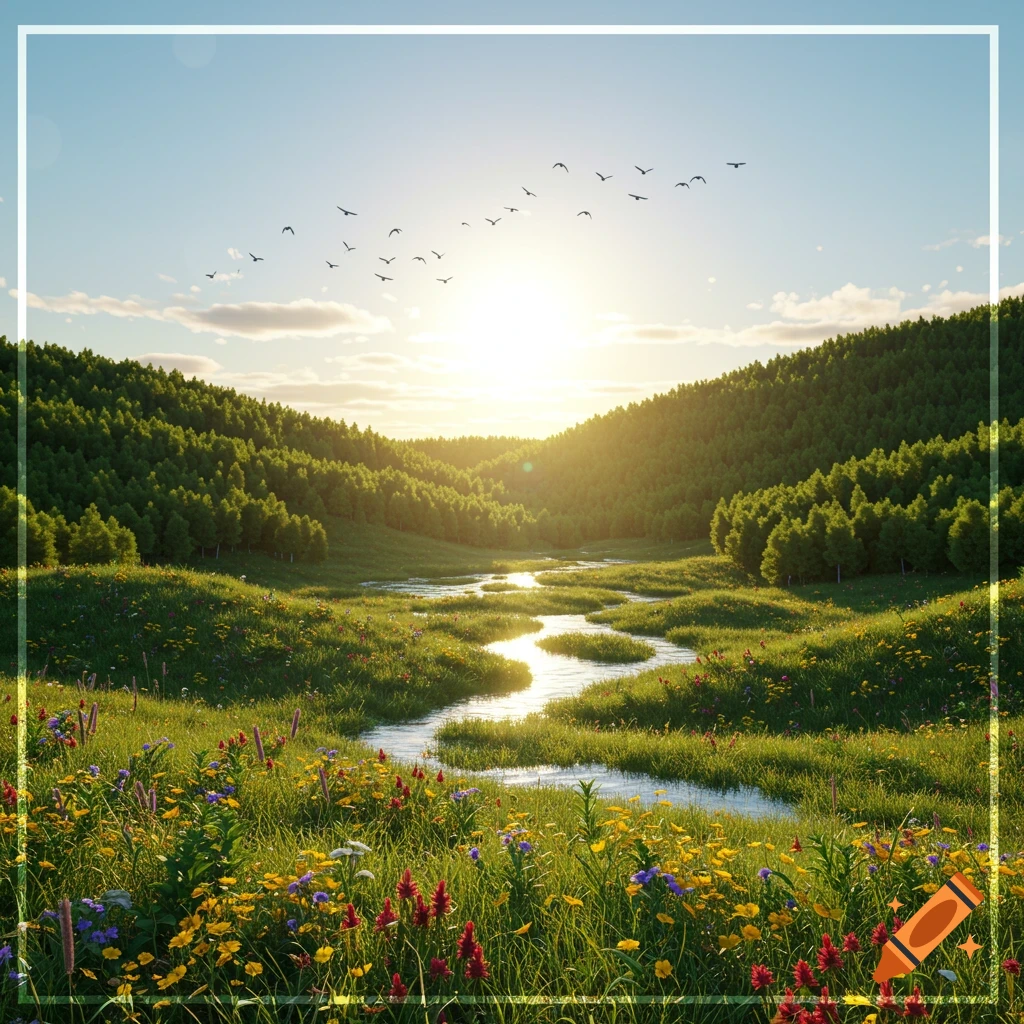 A vibrant valley with a winding river flowing through green hills covered in trees and wildflowers, under a bright sun with birds flying.
