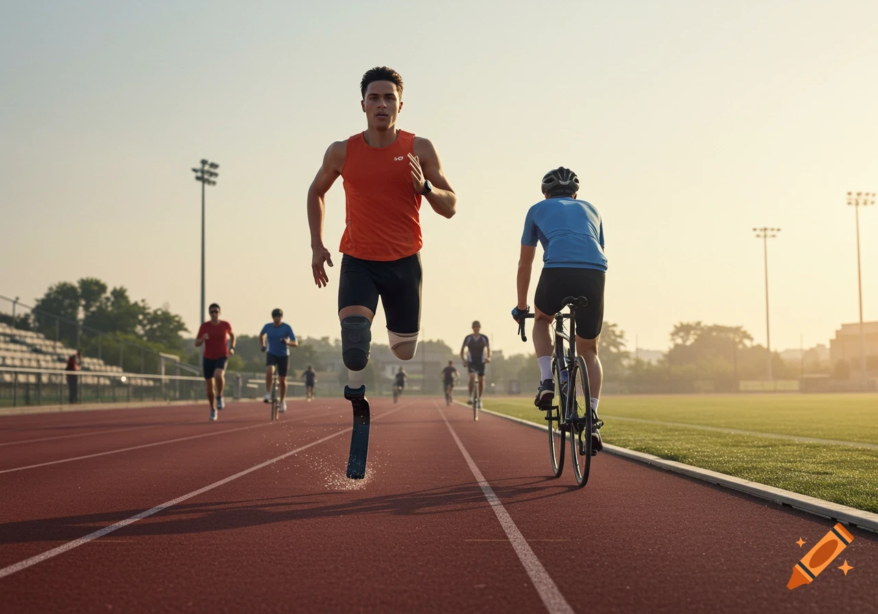 A male athlete with a prosthetic leg runs on a track alongside a cyclist and other runners during a sunny outdoor event.