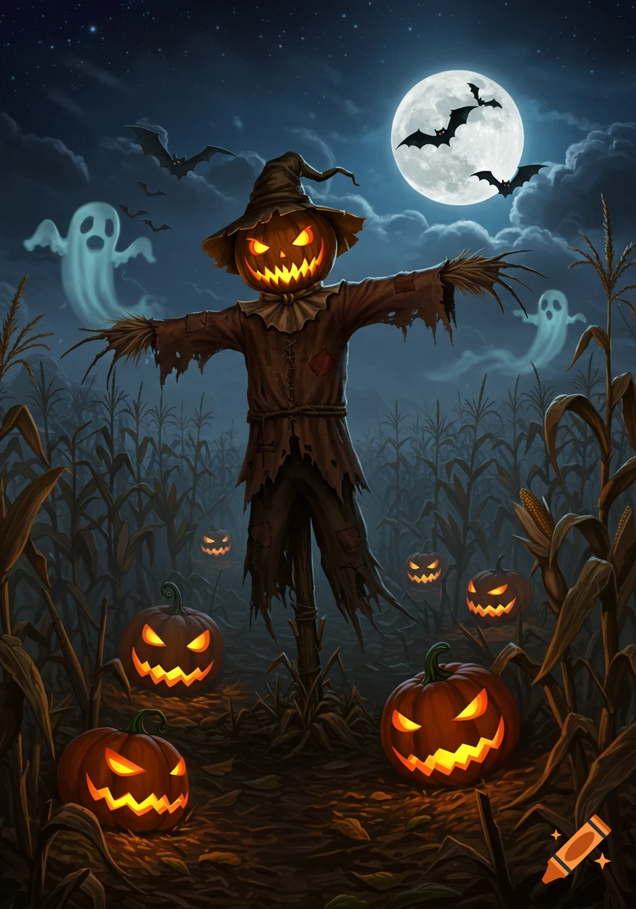 A spooky Halloween scene with a glowing pumpkin-headed scarecrow in a cornfield, surrounded by jack-o'-lanterns, ghosts, and bats under a full moon.