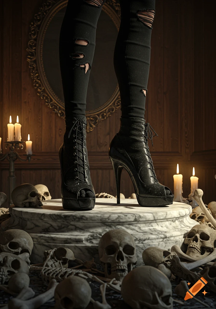 Person in ripped jeans and black high heels stands on a marble platform covered in skulls and bones, in a dimly lit gothic room.