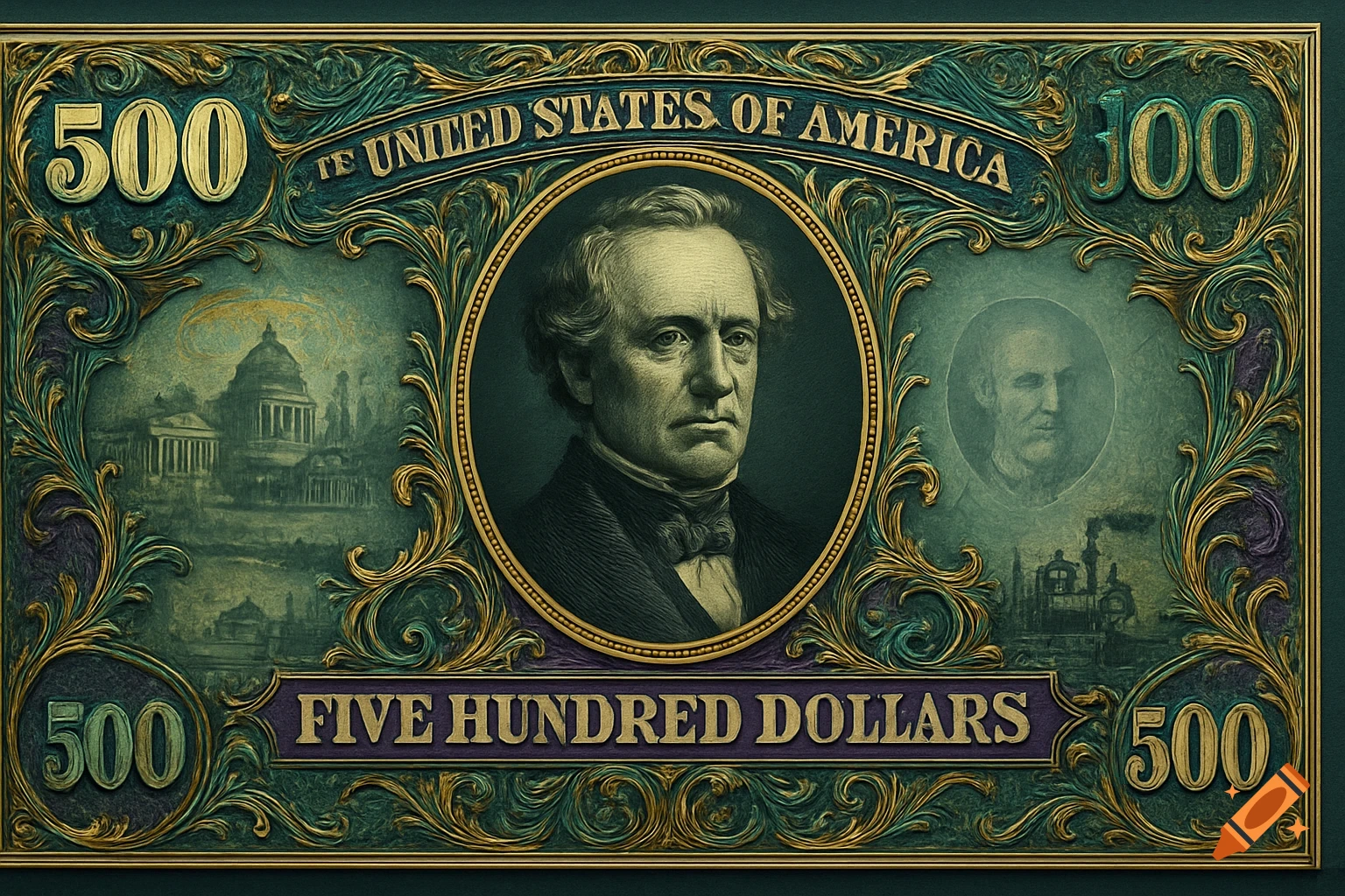 Vintage-style 500 dollar bill with an ornate green and gold border, featuring a portrait of a man in the center, a building on the left, and faint figures and machinery on the right. The bill incorrectly displays "100" in one corner.
