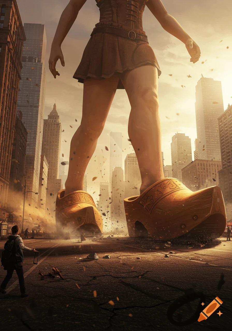 A giant person in massive wooden clogs walks through and destroys a city, debris flying around them.