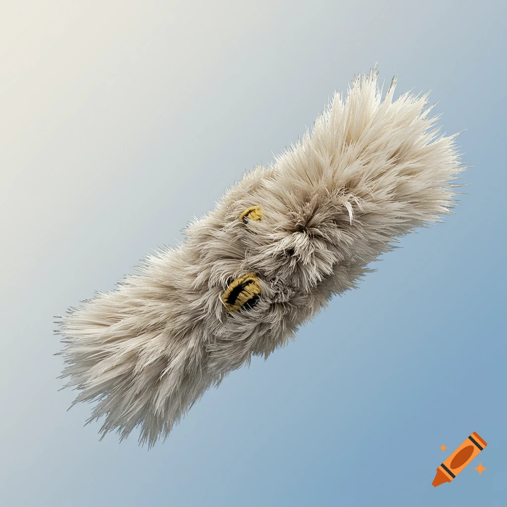 A fluffy, light beige cylindrical object with two small black and yellow striped fuzzy elements, floating against a blue gradient background.