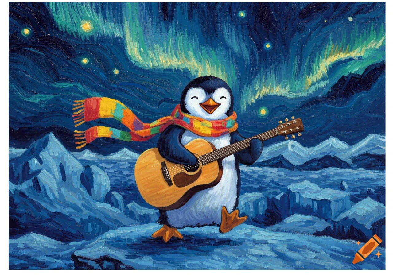 A happy penguin wearing a colorful scarf plays a guitar under the vibrant green and blue Northern Lights in a Van Gogh-style painting.