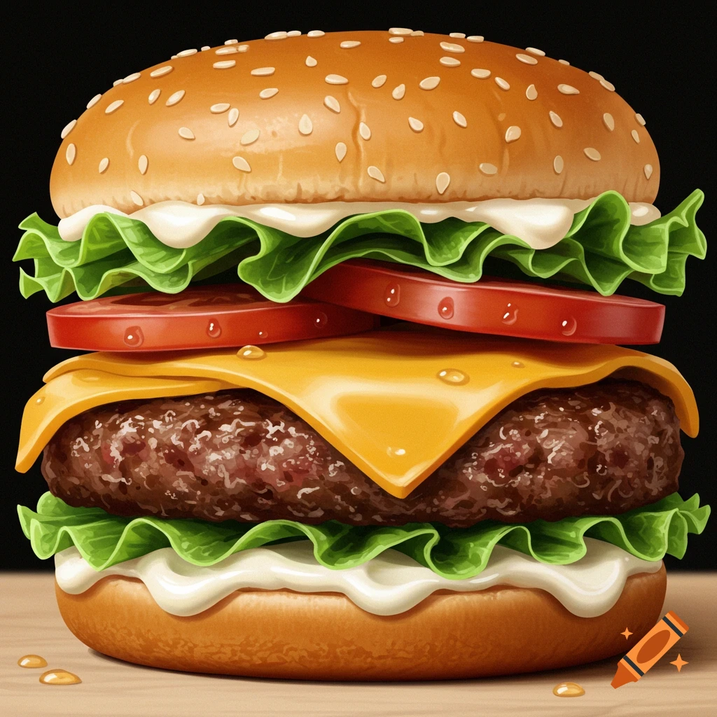 A close-up, photorealistic hamburger with sesame seed bun, lettuce, tomato slices, melted cheddar cheese, a beef patty, and mayonnaise against a dark background.