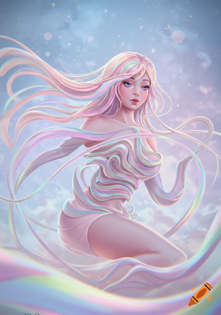 A pastel-colored woman with long, flowing iridescent hair and ribbons around her body against a light blue, cloudy sky, in a digital art style.