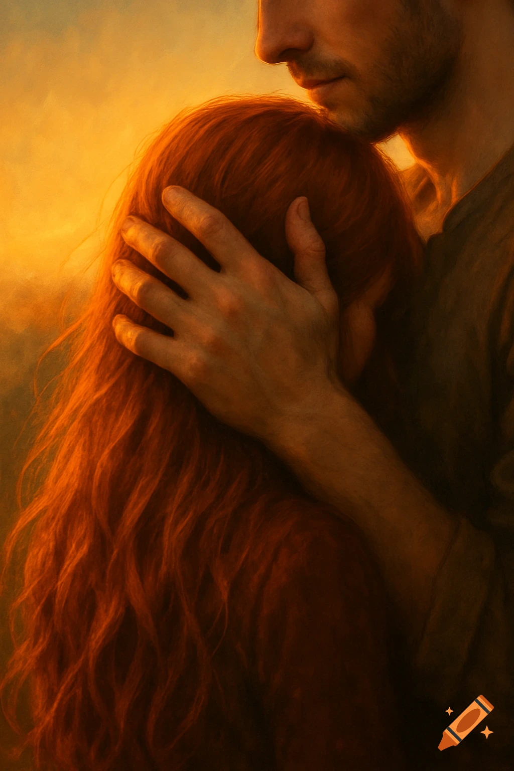 A man's hand gently caresses the head of a person with long, flowing red hair, bathed in warm, golden light.