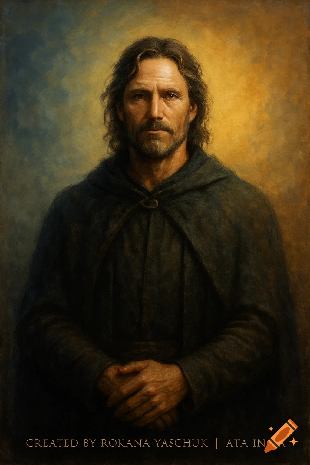 Oil painting of a mature man with long dark hair and a beard, wearing a dark hooded cloak, against a blue and gold background.