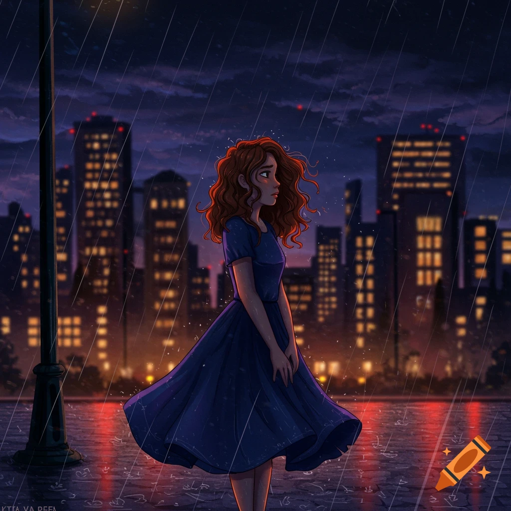 Illustration of a sad, curly-haired girl in a blue dress standing in the rain at night, with a city skyline in the background.