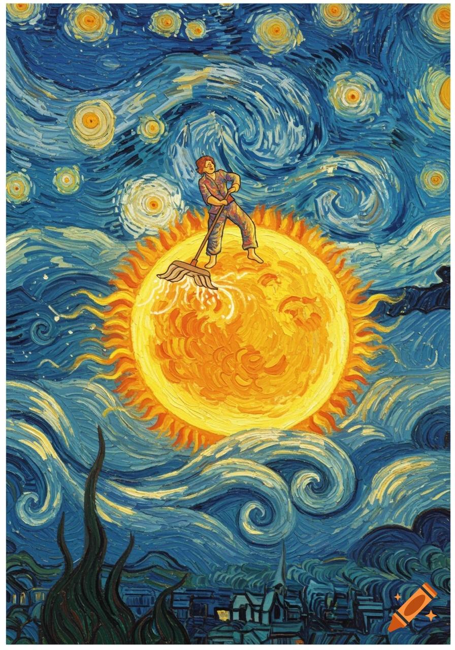 A person mops a large yellow sun, surrounded by a swirling blue Van Gogh-style night sky with bright stars and a town below.