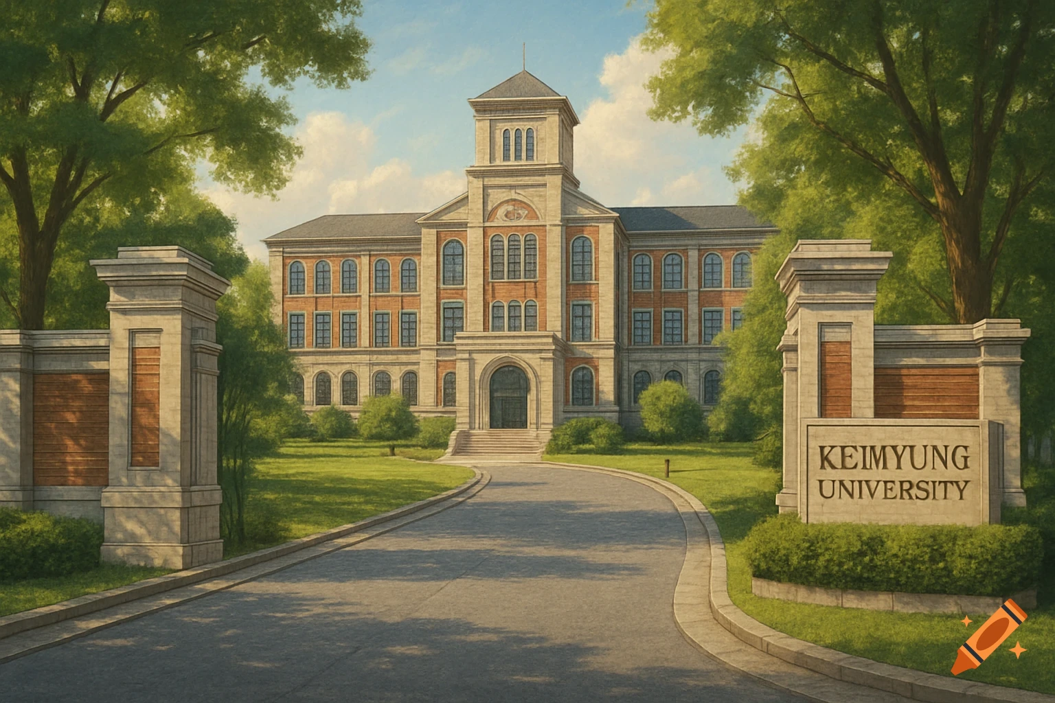 A large classical university building with a central tower, wide driveway, and lush green lawns, framed by trees under a blue sky. A sign reads 'Keimyung University'.