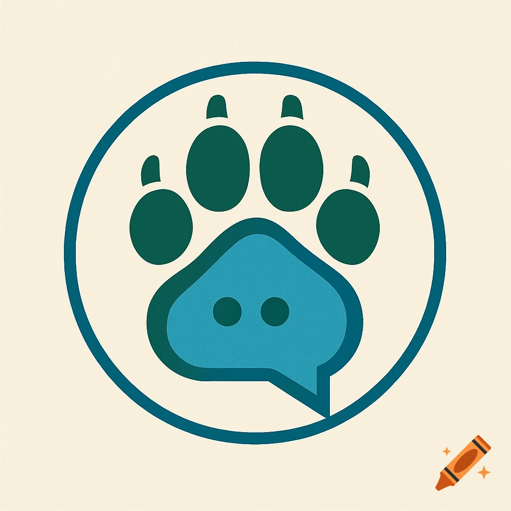 A clean graphic symbol featuring a dark green paw print with a teal speech bubble as its main pad, all encircled by a teal ring.