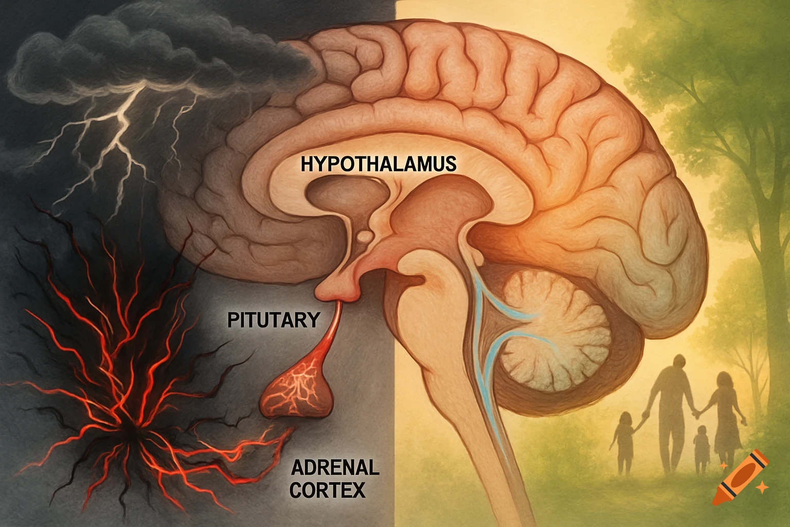 An illustrative cross-section of a brain showing the hypothalamus, pituitary, and adrenal cortex, split into two halves. The left half depicts stress with storm clouds and fiery roots, while the right half shows well-being with green trees and a silhouetted family.
