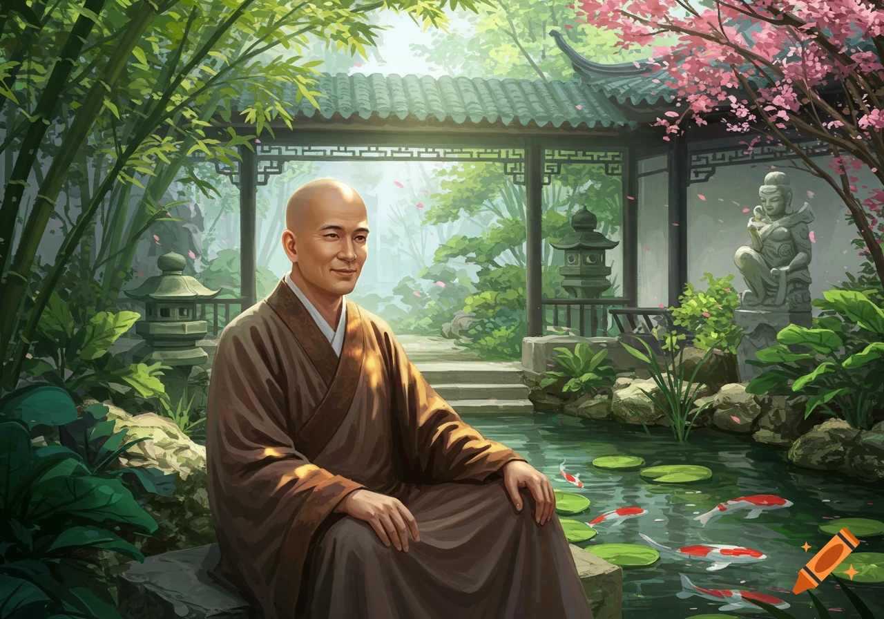 A bald monk sits serenely in a vibrant Asian garden with a koi pond, bamboo, and cherry blossoms, in a digital painting style.