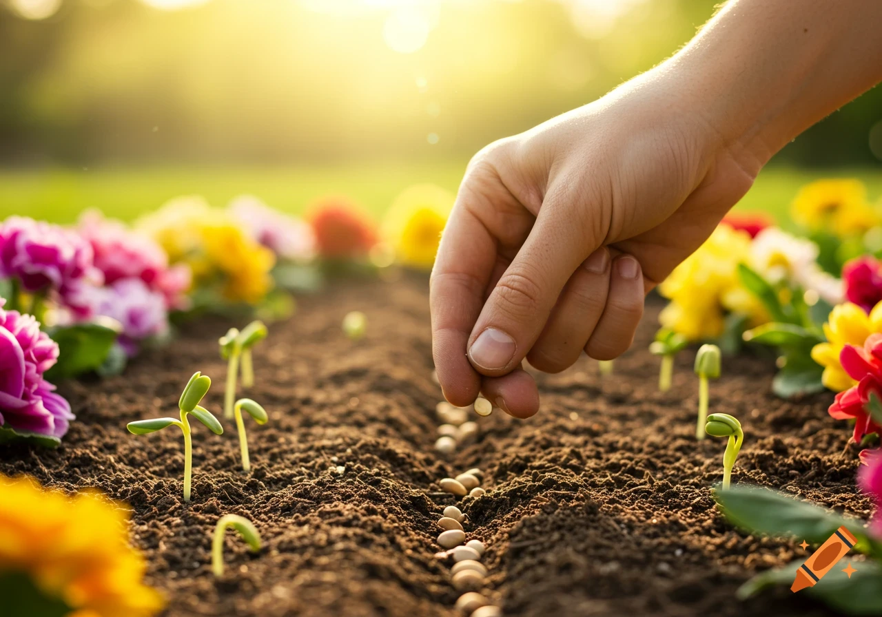 A photorealistic close-up of a hand planting seeds in fertile soil, surrounded by small green sprouts and colorful flowers under warm sunlight.