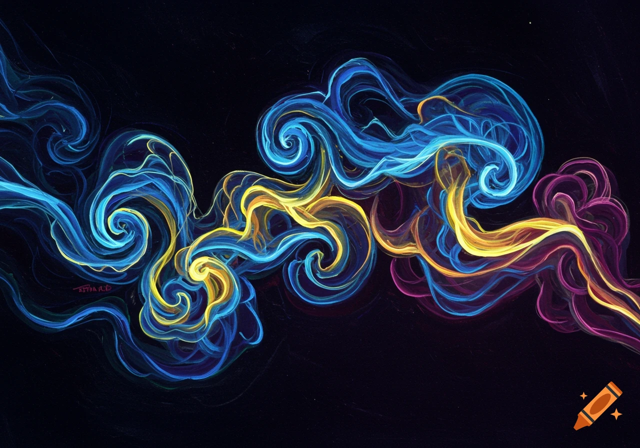 Abstract colorful swirling smoke forms in blue, yellow, and magenta against a dark background, in a vibrant painting style.