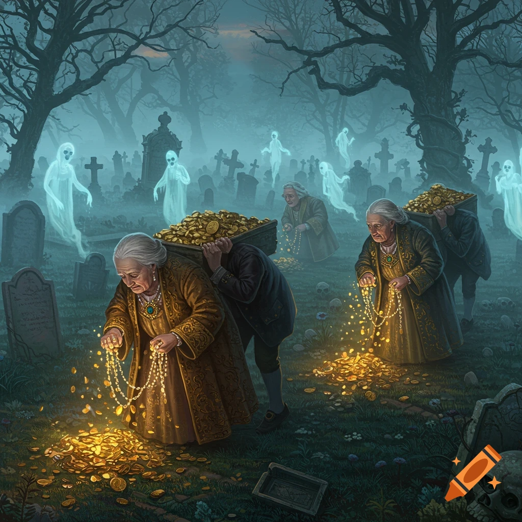 Elderly people and ghosts in a misty graveyard, carrying and spilling gold coins and pearls from chests into graves.