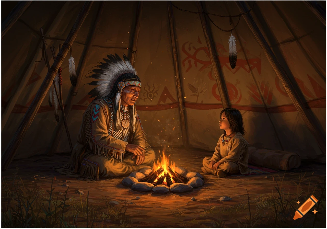 A Native American elder in a feathered headdress and traditional clothing sits by a campfire inside a tepee, speaking to a young child.