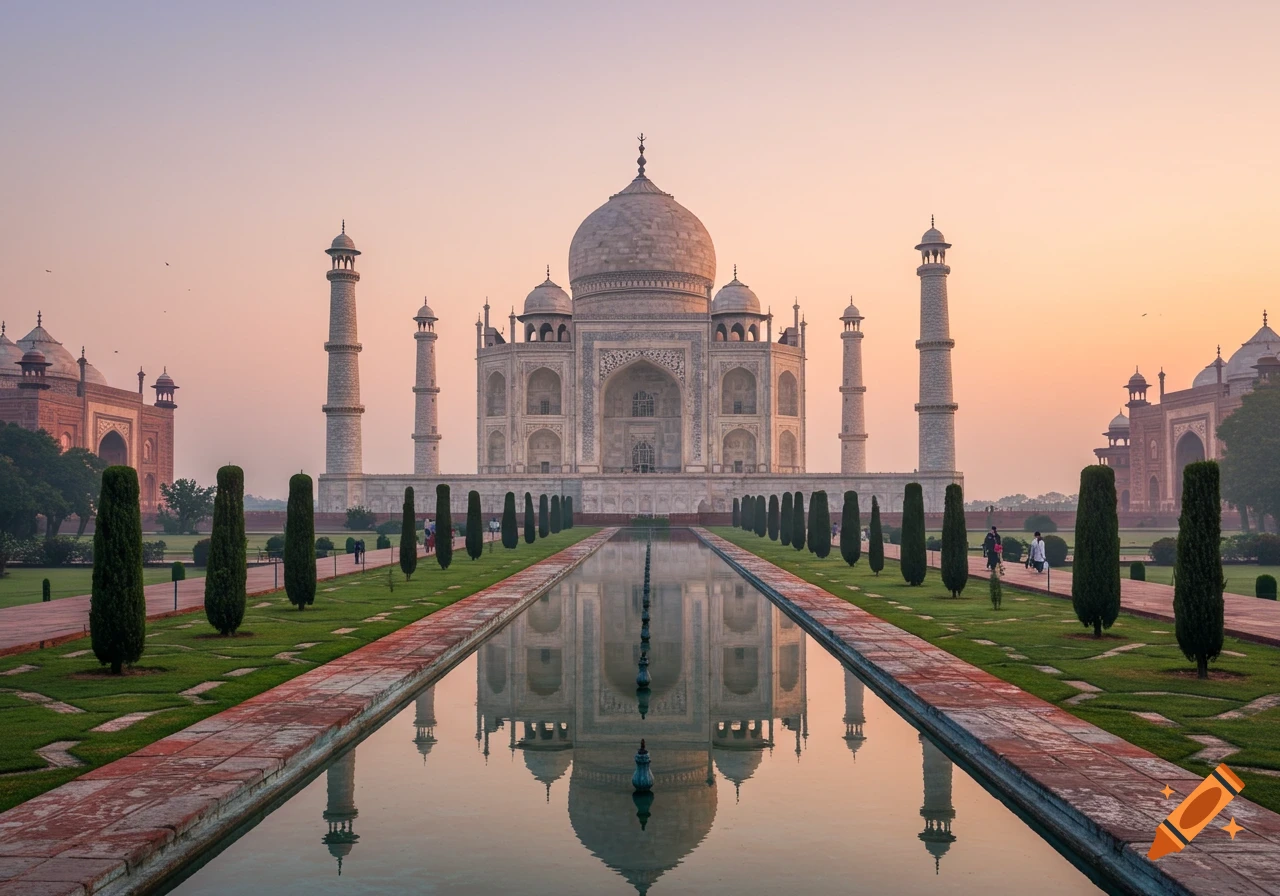 The Taj Mahal at sunrise, reflecting in a long pool, flanked by gardens.