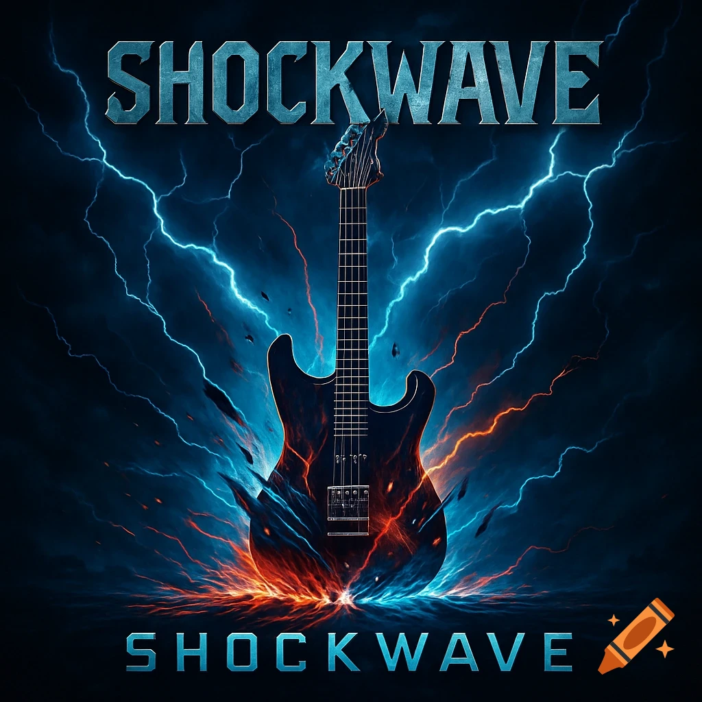 A dark album cover features an electric guitar wreathed in orange flames and blue lightning, with 'SHOCKWAVE' at top and bottom.