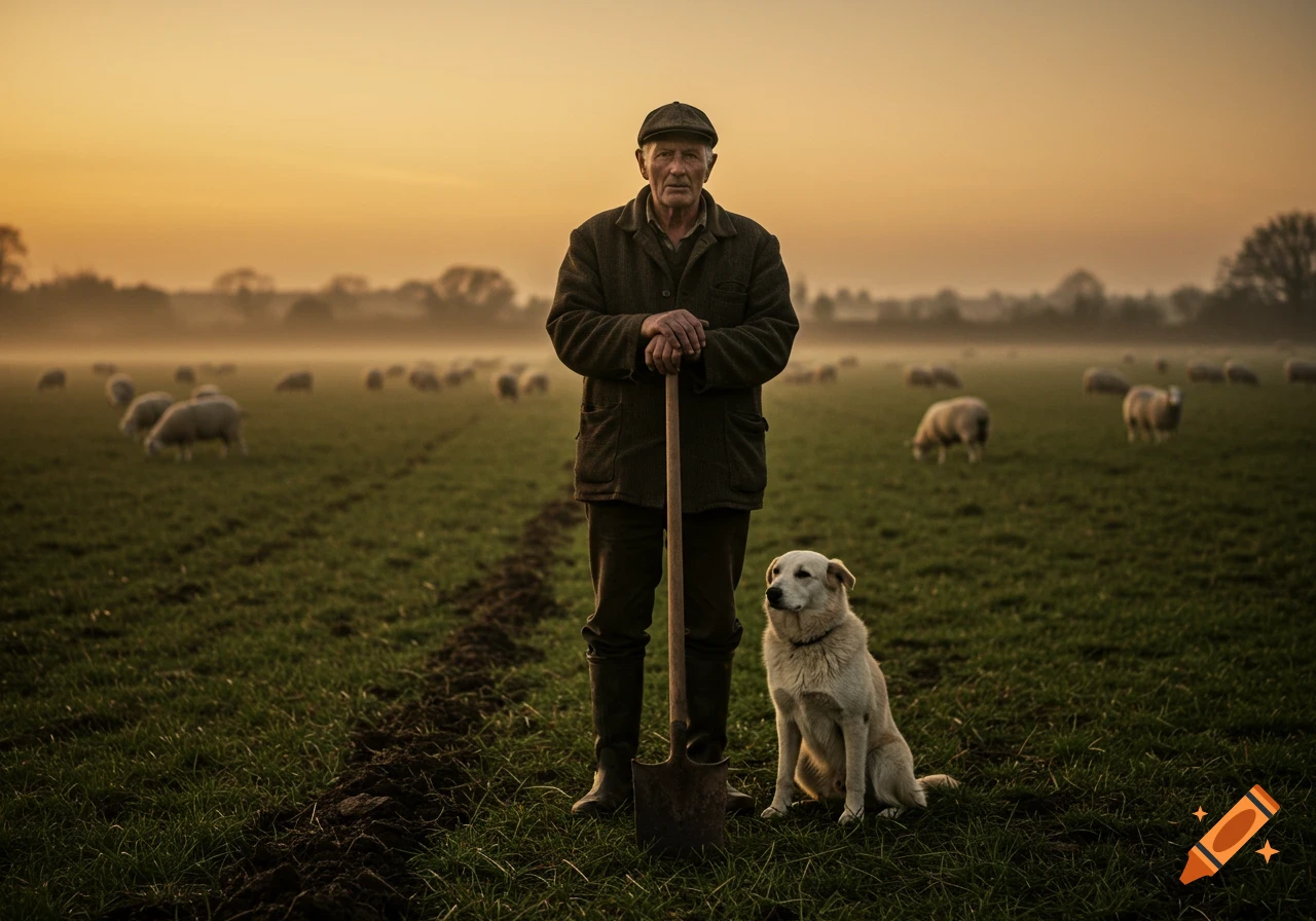 A weathered farmer with a shovel and his sheepdog stand in a field with grazing sheep at sunset, in a vintage photographic style.
