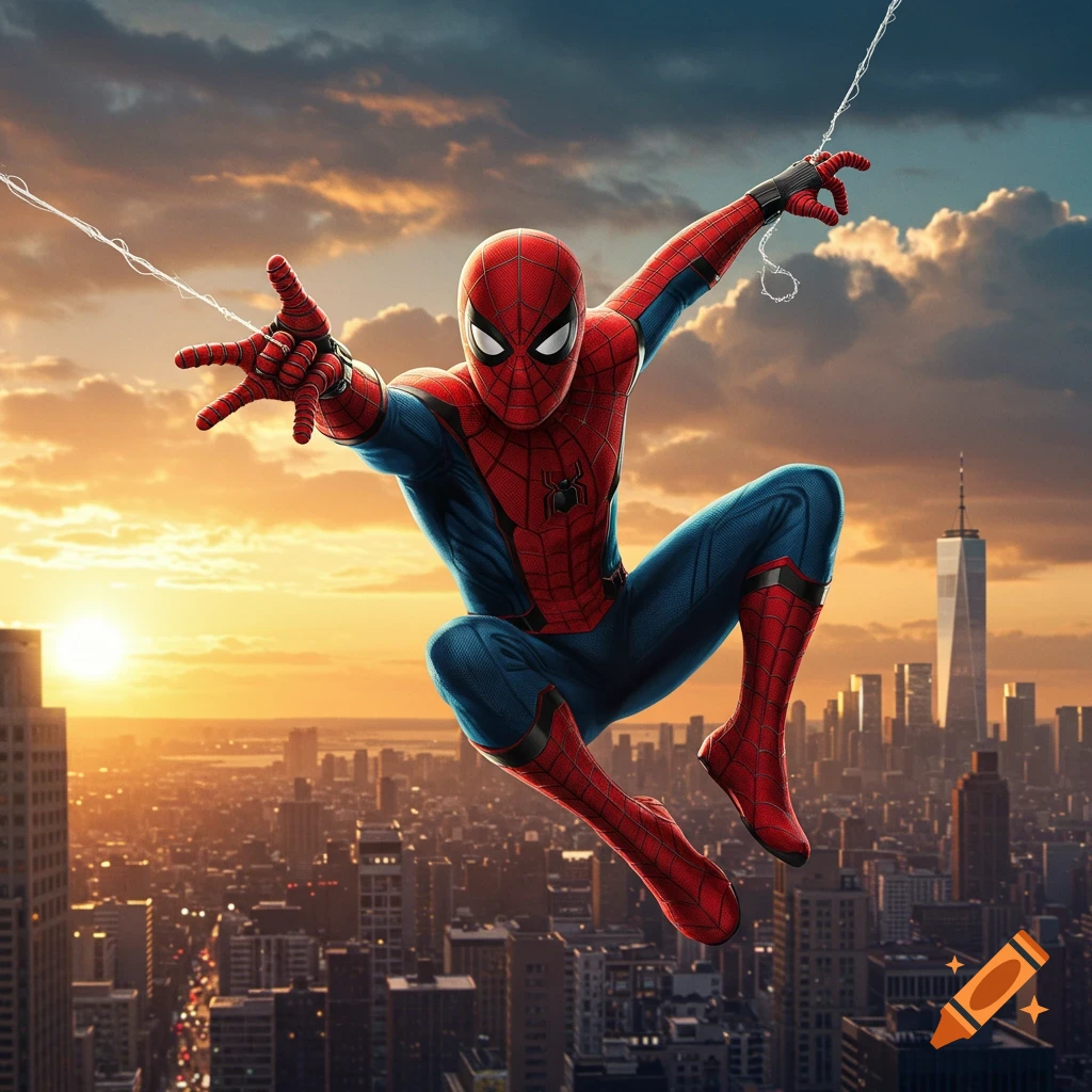 Spider-Man swings above a bustling cityscape at sunset, with a tall skyscraper in the background, in a photorealistic style.
