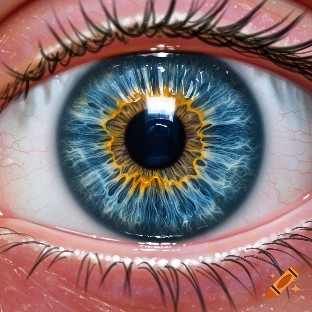 A highly detailed close-up of a vibrant blue human eye with a yellow inner ring and a bright reflection in the pupil.