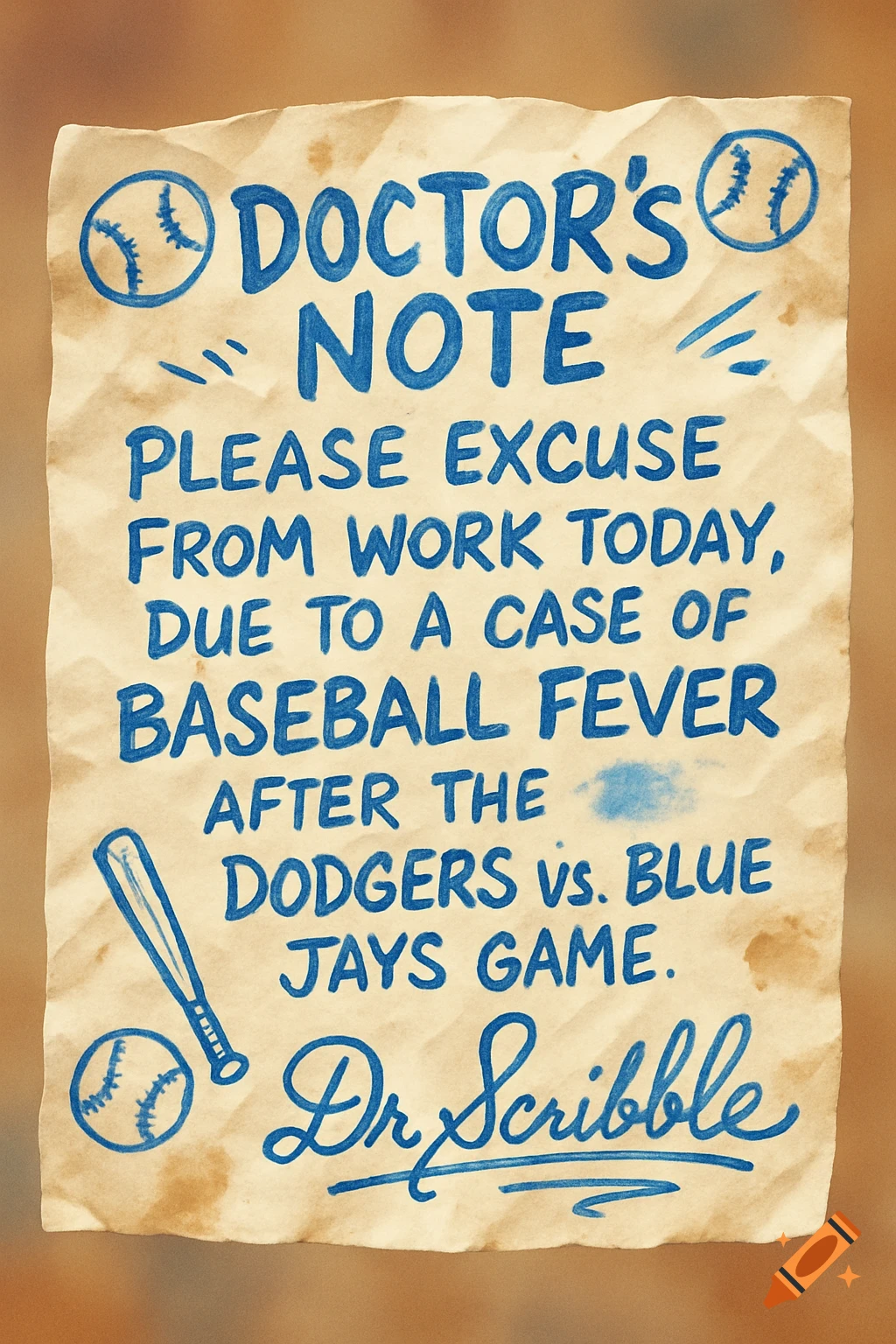 A humorous, crumpled doctor's note written in blue ink, excusing absence due to 'baseball fever' after a Dodgers vs. Blue Jays game, signed Dr. Scribble.