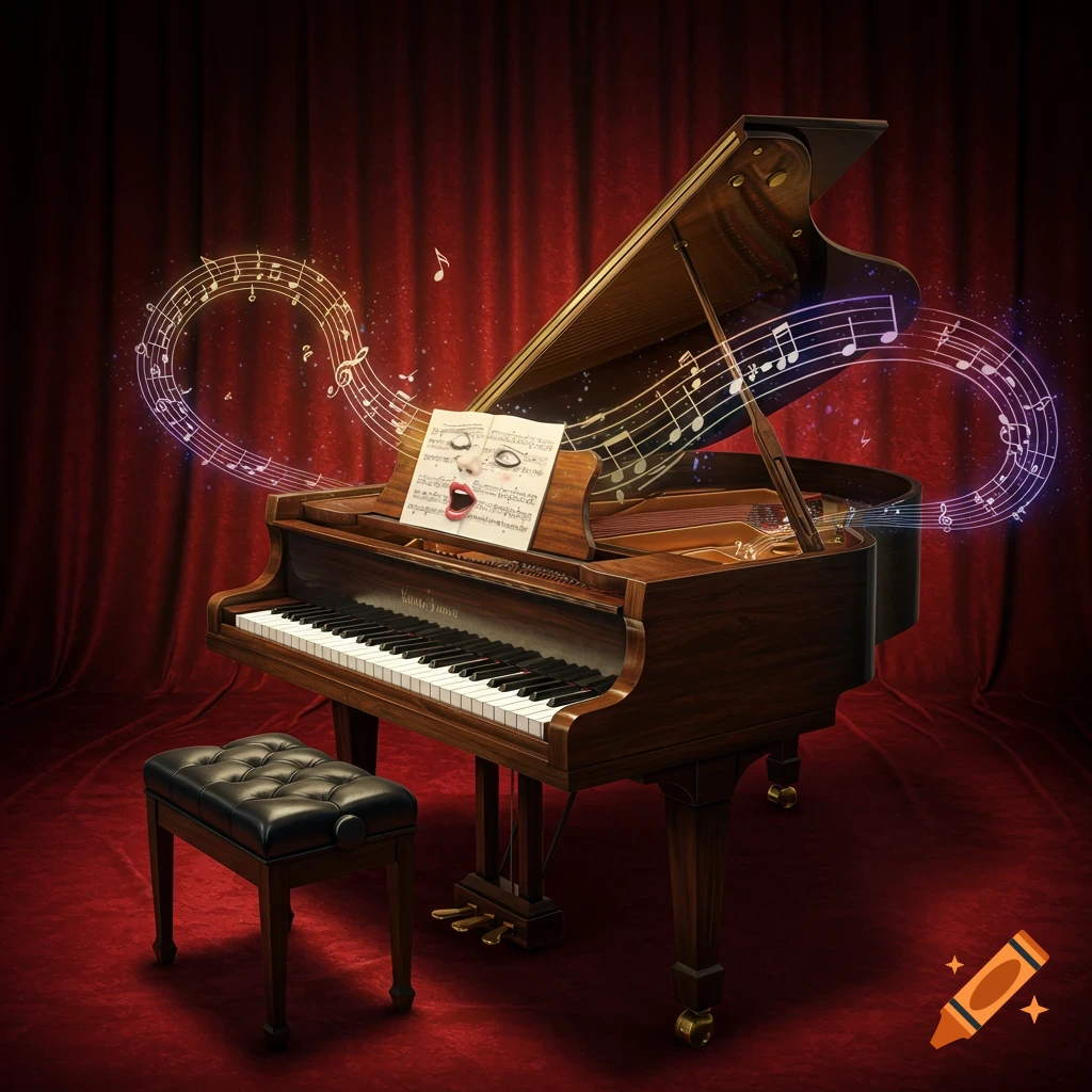 A grand piano with sheet music featuring a stylized face singing, illuminated by glowing musical notes on a red velvet stage.