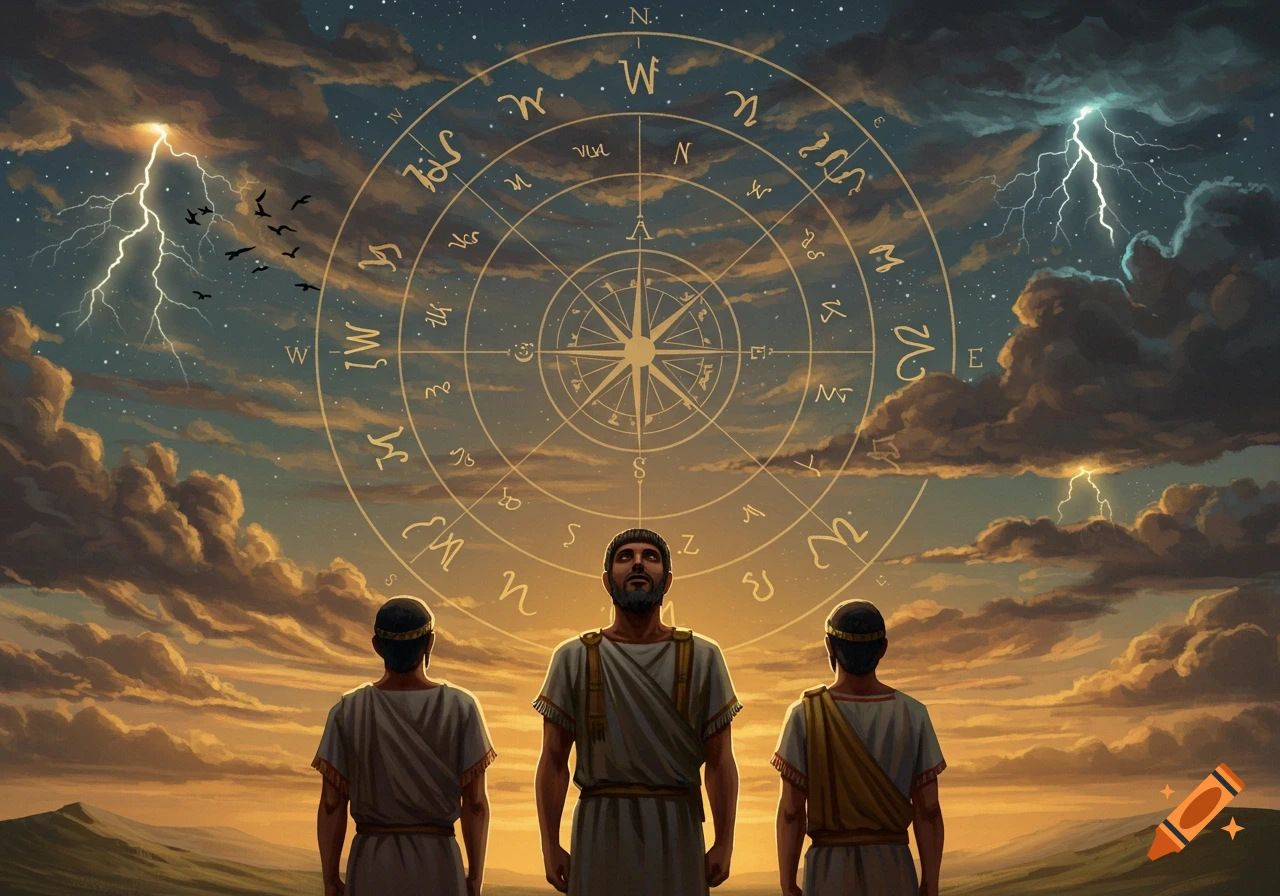 Three men in ancient robes look up at a glowing celestial chart with a compass and astrological symbols, against a dramatic sunset sky with lightning and flying birds.