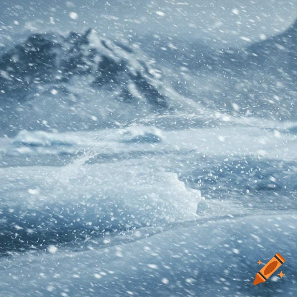 Close-up of snow blowing in high winds over a frozen landscape with ...